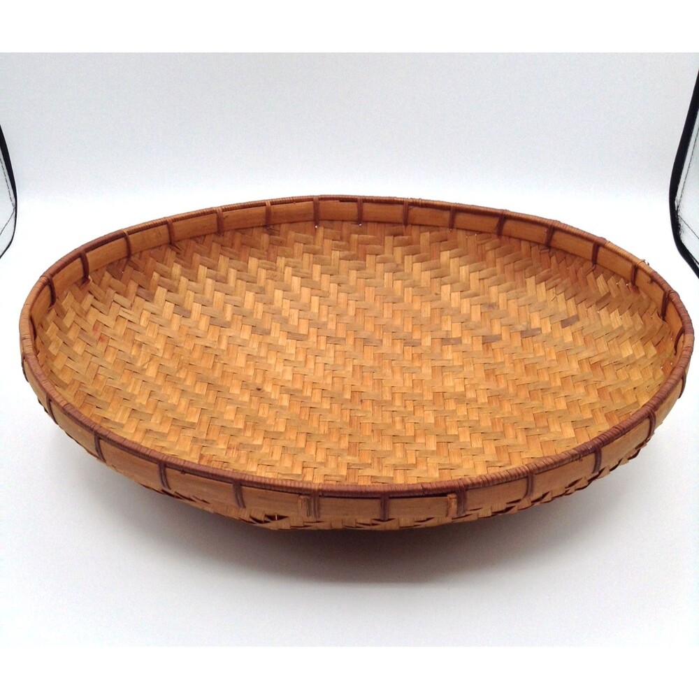 Vtg Bamboo Woven Basket Oval Handmade Storage Gathering Bowl Boho Home Decor 15"